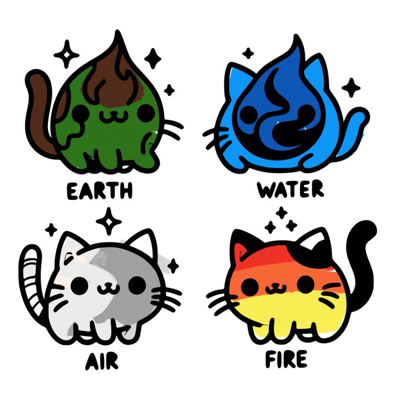 4 cats that represent the different elements, earth, water, air, and fire