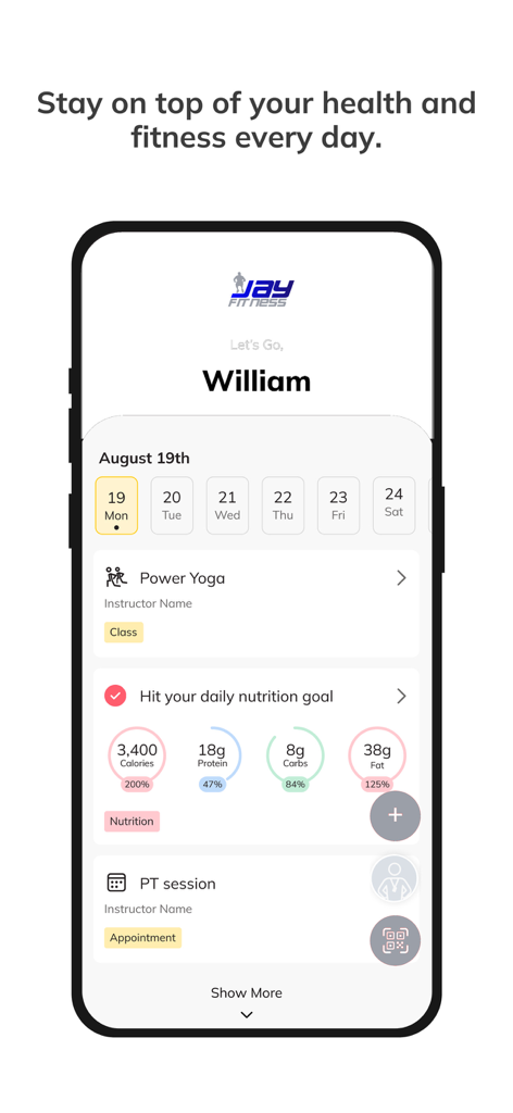 Jay Fitness - Jay Fitness app dashboard showing daily workout schedule and nutrition macro tracking