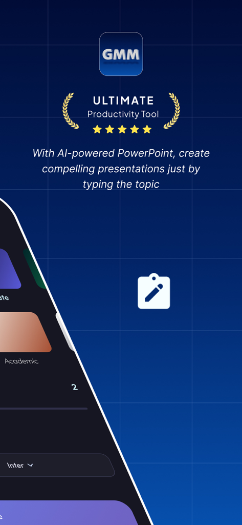 GMM AI App: AI Slides & PPT - GMM AI app interface for creating PowerPoint presentations by typing a topic