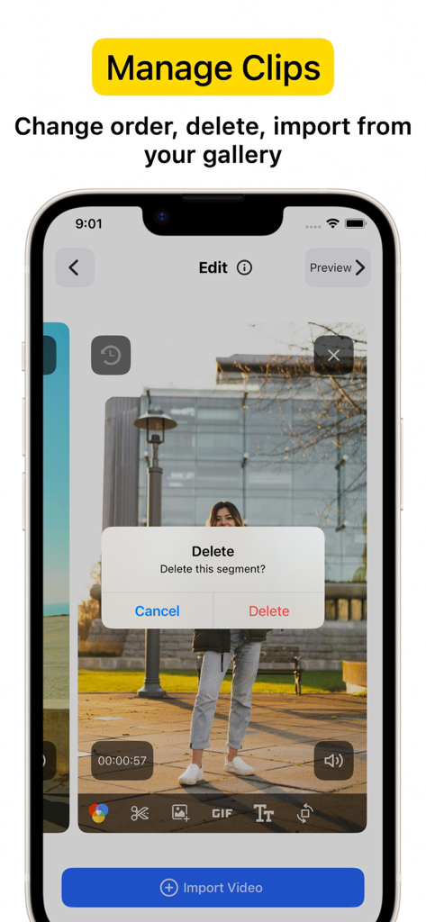 Smartphone screen showing the VideoCam+ app interface with a delete clip confirmation dialog over a recorded segment.