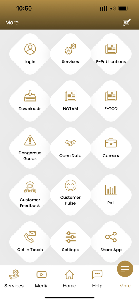 UAE GCAA - UAE GCAA app menu screen displaying aviation services and regulatory tools