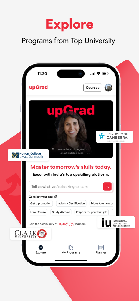 Écran de l'application mobile upGrad affichant l'exploration des programmes des meilleures universités mondiales et des objectifs de carrière