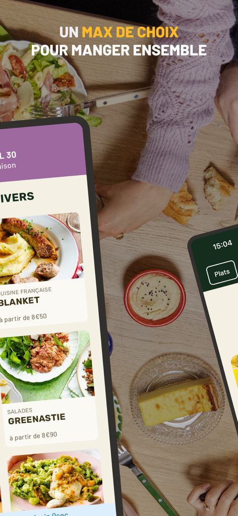 Interface de l'application Refectory montrant diverses options de repas pour la livraison au bureau comme de la saucisse purée et des salades