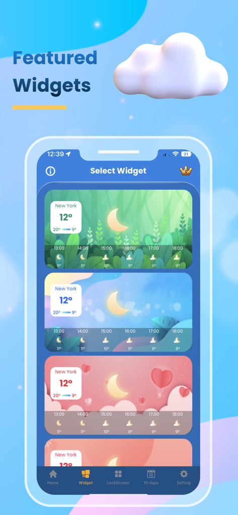 Weather Widget: Live Radar App - A selection of aesthetic weather widgets with different themes including forest sky and hearts styles showing hourly forecasts