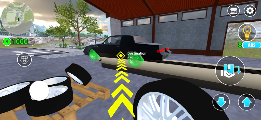 Car Repair Center 3D - 3D car mechanic simulator gameplay showing a car workshop with a black vehicle and replacement tires.