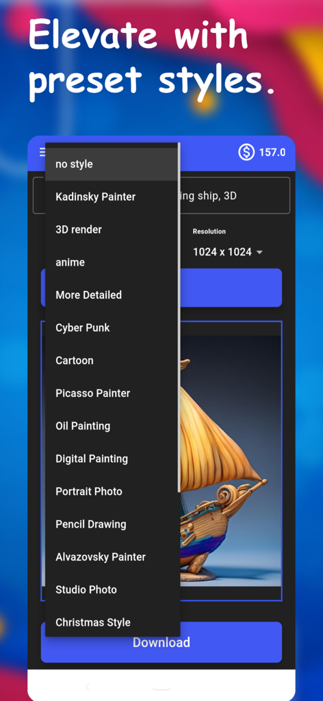 Imagen AIアプリのインターフェース。アニメやサイバーパンクなどの様々なプリセットアートスタイルを備えたドロップダウンメニューが表示され、画像の生成に使用できます。