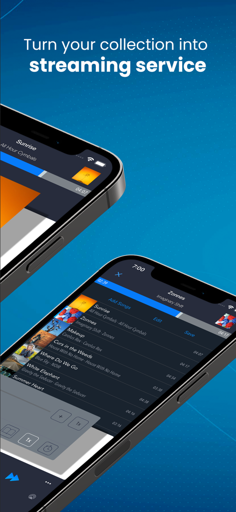 CloudBeats Offline Music - Two iPhones displaying the CloudBeats app interface with the text Turn your collection into streaming service