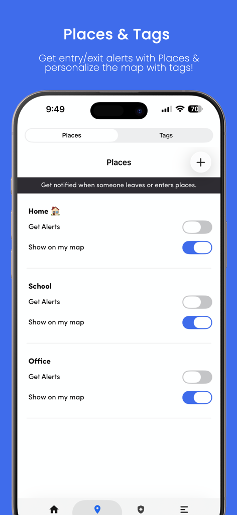 Family Nest app interface showing settings for location based entry and exit alerts for home school and office