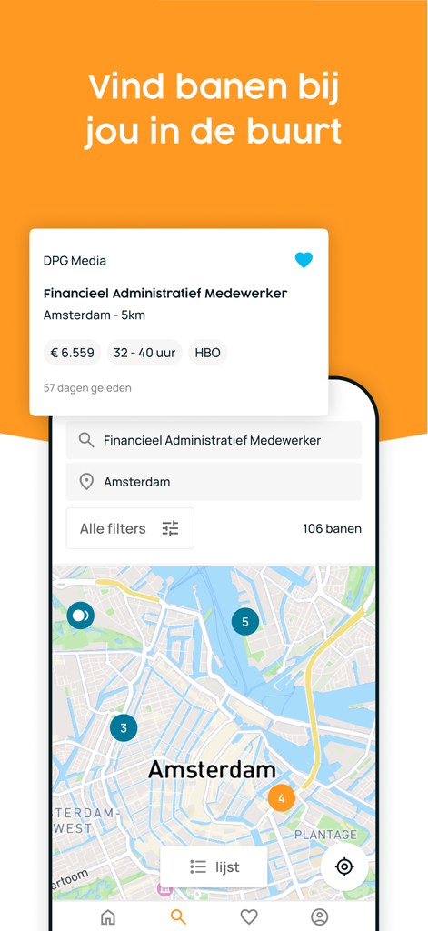 Jobsuche-Kartenoberfläche in der mobilen App von Nationale Vacaturebank