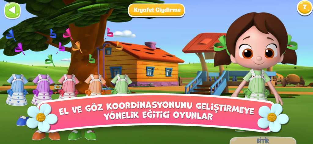 Niloya character in a dress-up mini-game designed for kids' hand-eye coordination.