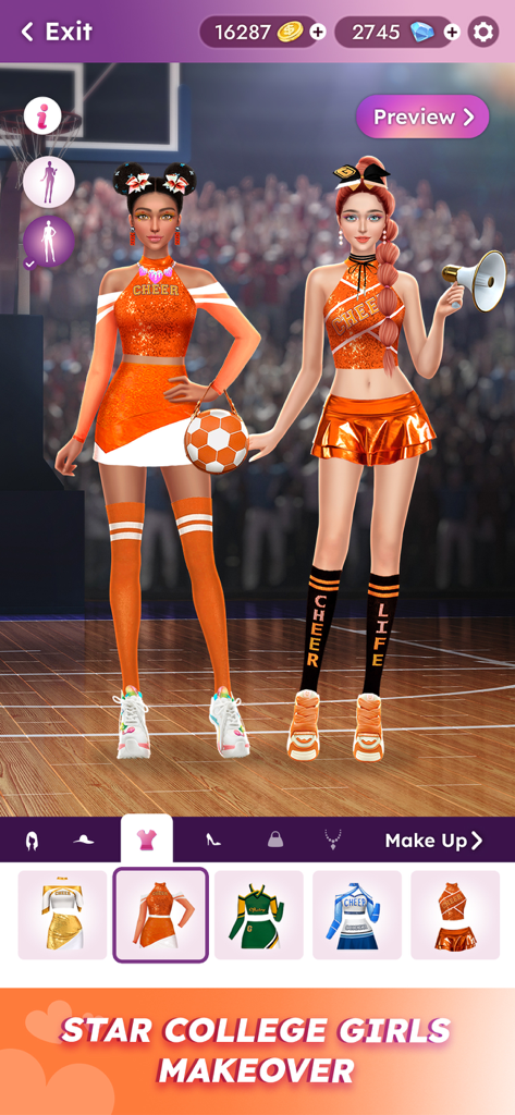 Teenager Fashion Dress Up Game - Dos chicas adolescentes con atuendos de animadora naranjas en una cancha de baloncesto en un juego de vestir