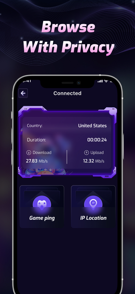 VPNClub app interface showing a private connection to a US server with download and upload speed metrics.
