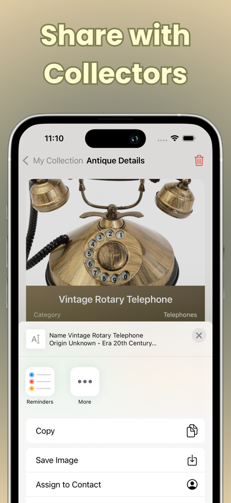 A smartphone screen from the Antique Identifier app showing detailed identification of a vintage rotary telephone with sharing and saving options.