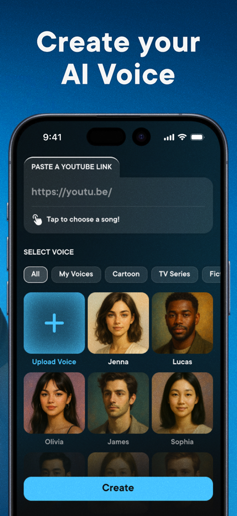 AI Music Generator - Overdub - Overdub app interface showing how to create an AI voice by pasting a YouTube link and selecting from various voice models.