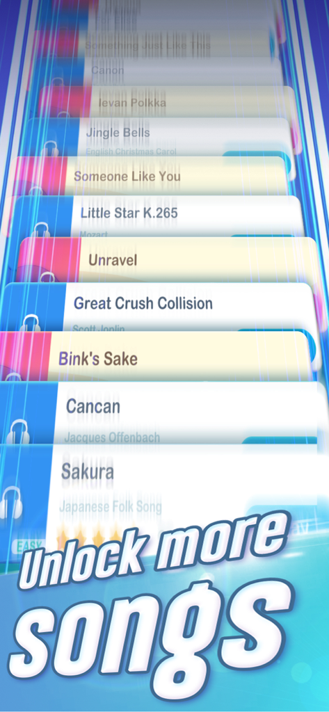 Una lista desplazable de pistas de música en la aplicación Dream Piano con el texto Desbloquear más canciones.
