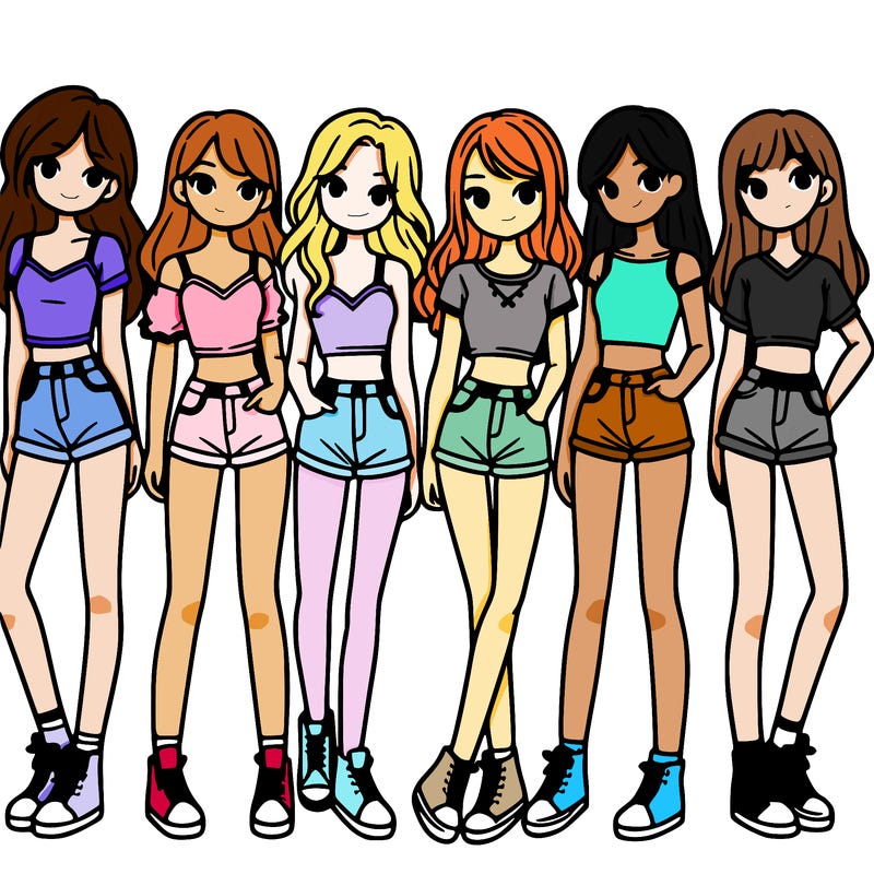 a group of girls wearing crop tops and shorts