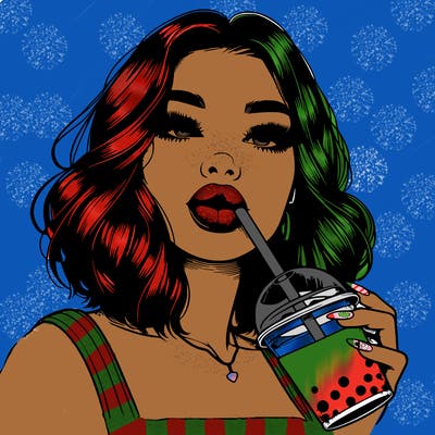 realistic girl with glossy lips holding boba