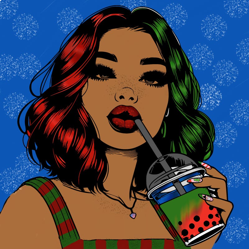 realistic girl with glossy lips holding boba