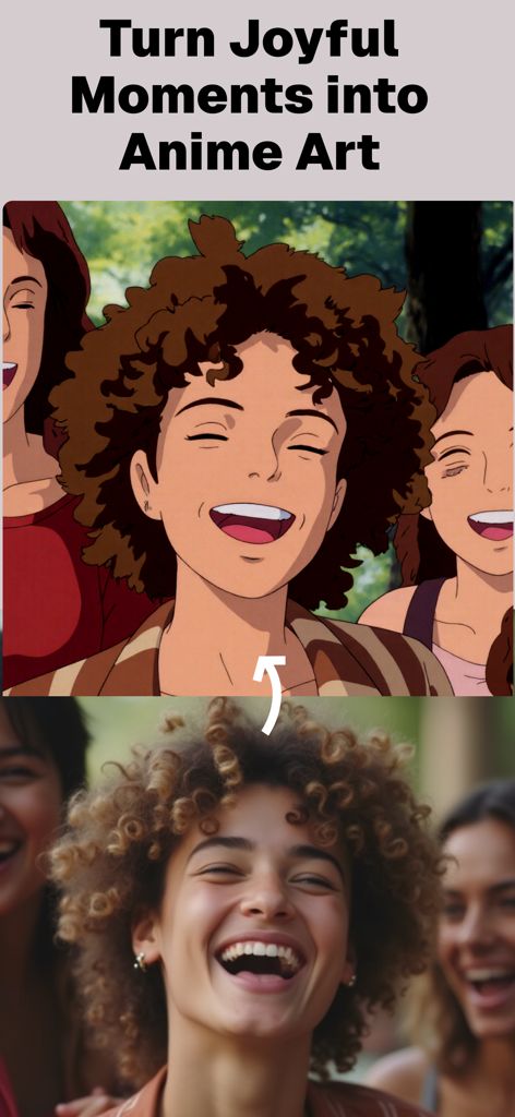 Anime Photo Filter  - Anime.ai - Uma comparação de antes e depois de um grupo de amigos transformados em arte de anime usando um filtro de IA.