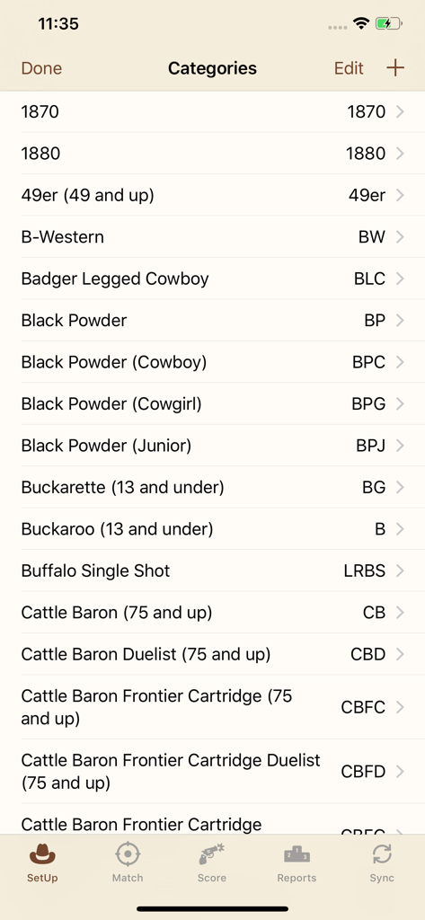 A list of competition categories within the CAS Scoring app interface including historical and age-based divisions.