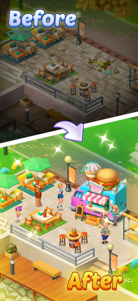 Merge Flavor: Decor Restaurant - A before and after comparison of a restaurant renovation showing a messy patio transformed into a vibrant dining area with a food truck.