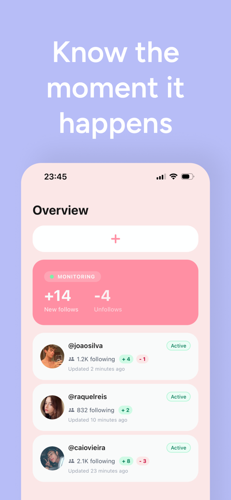 Dashboard of the Stalkie app showing real-time follower and unfollower activity for tracked social media profiles