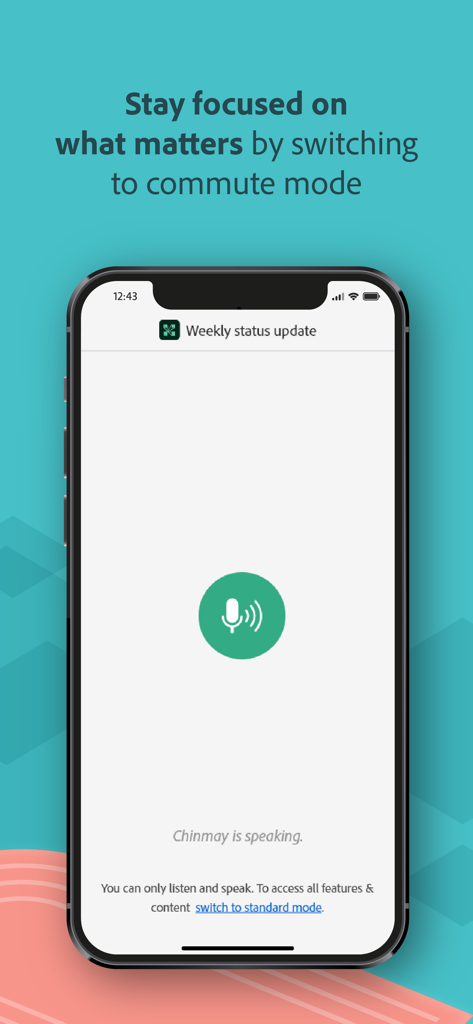 外出先でのプロフェッショナル会議用の通勤モードが表示されたAdobe Connectモバイルアプリ
