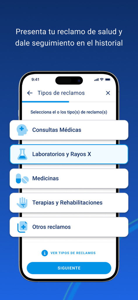 ASSA Compañia de Seguros - ASSA insurance app screen showing health claim type selection for medical consultations and labs