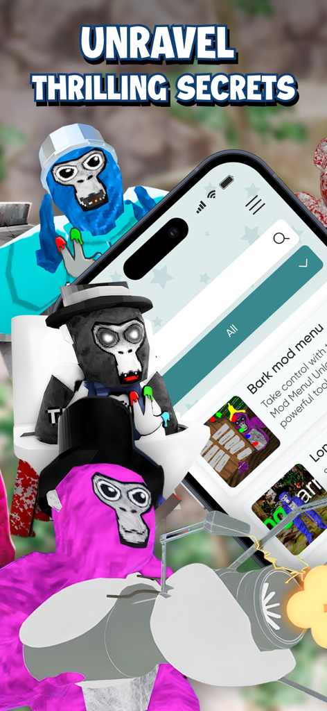 Gorilla Tag Horror Game Mods - A mobile phone displaying the Gorilla Tag horror mods menu with spooky character skins