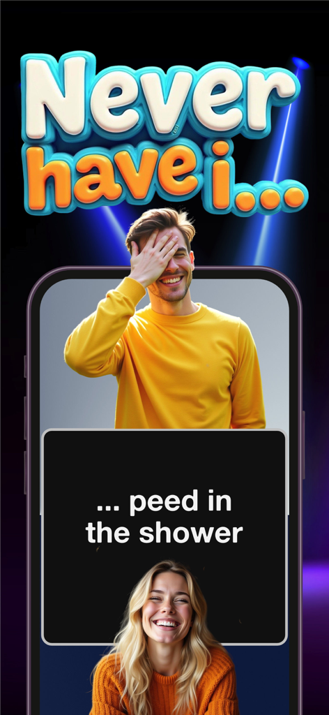 I have never ever +18 Dirty - Interfaz del juego de fiesta Yo nunca he... con una pregunta divertida y jugadores riendo.