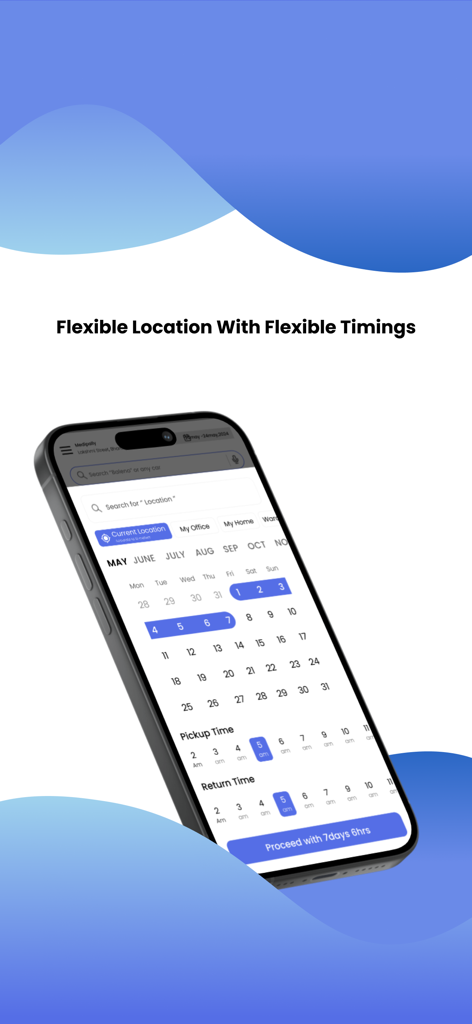 Long Drive Cars - Car Rental - Bildschirm zur Buchung von Mietwagen mit Kalender zur Auswahl von Datum und Uhrzeit