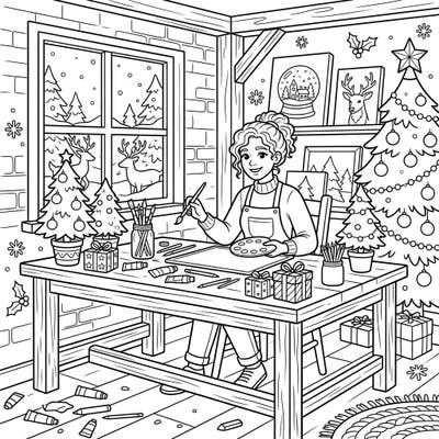 Immerse yourself in the holiday spirit with this delightful coloring page featuring an artist's studio. Capture the magic of Christmas as you bring this festive art scene to life.