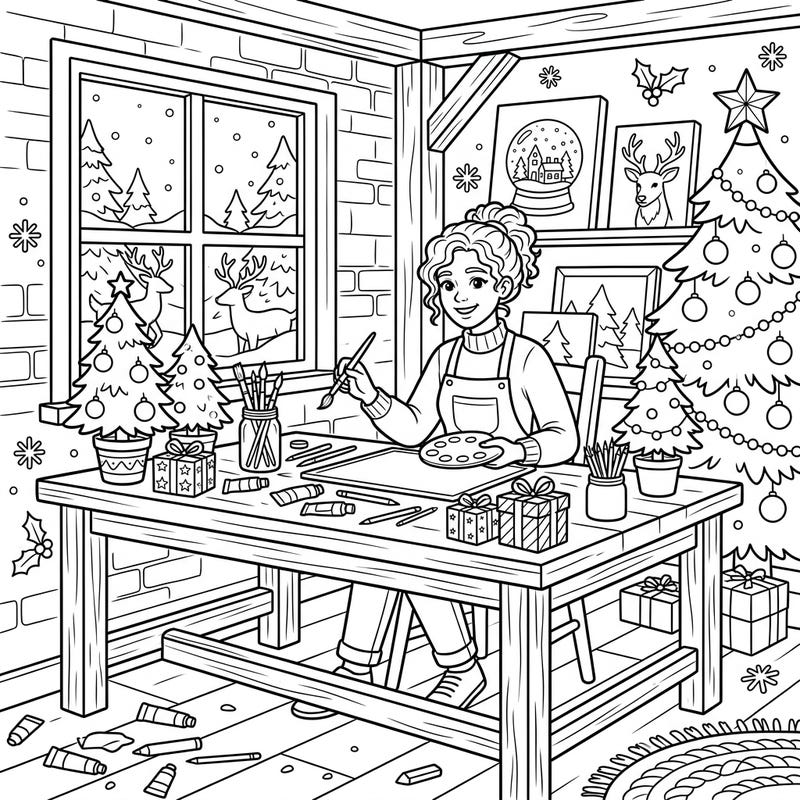 Immerse yourself in the holiday spirit with this delightful coloring page featuring an artist's studio. Capture the magic of Christmas as you bring this festive art scene to life.