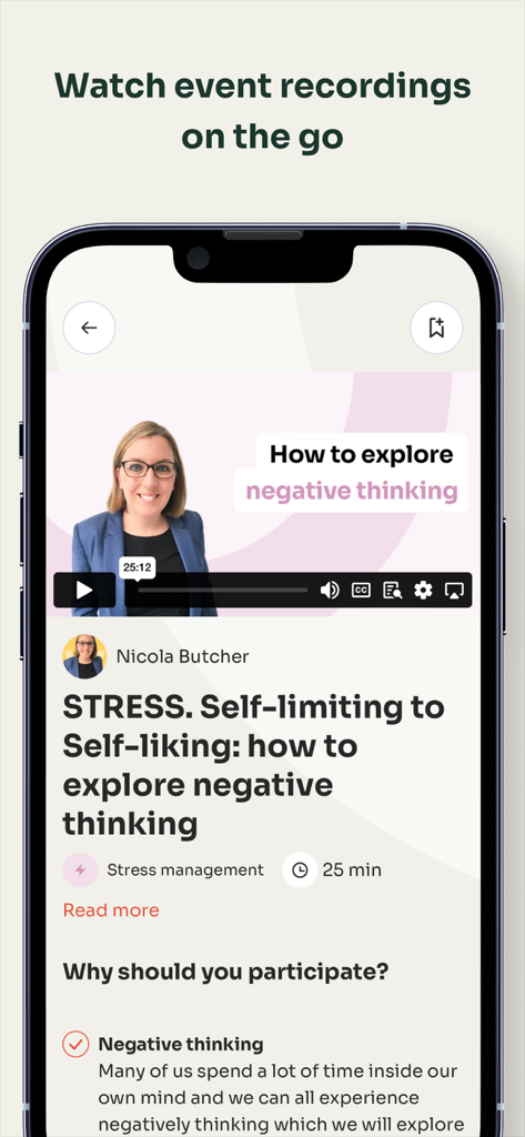 Mindgram - A screenshot of the Mindgram app showing a video event recording about exploring negative thinking for stress management.