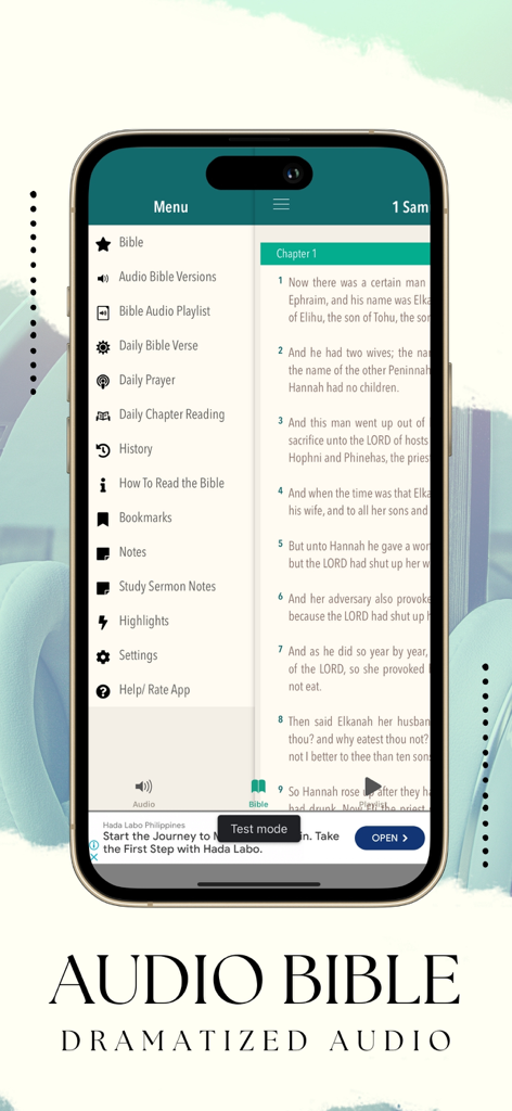 Side menu and Bible text interface on the Dramatized Audio Bible app