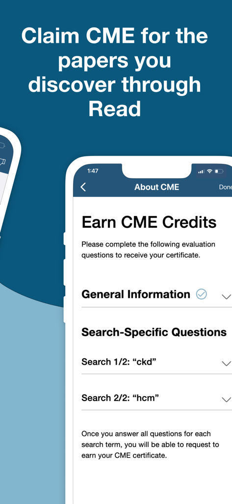 医学研究論文を通じて継続的医療教育（CME）単位を獲得するためのRead by QxMDアプリのインターフェース