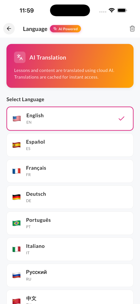 Learn Python Coding with AI - Interface for AI-powered language translation selection in the Learn Python Coding app showing multiple language options.