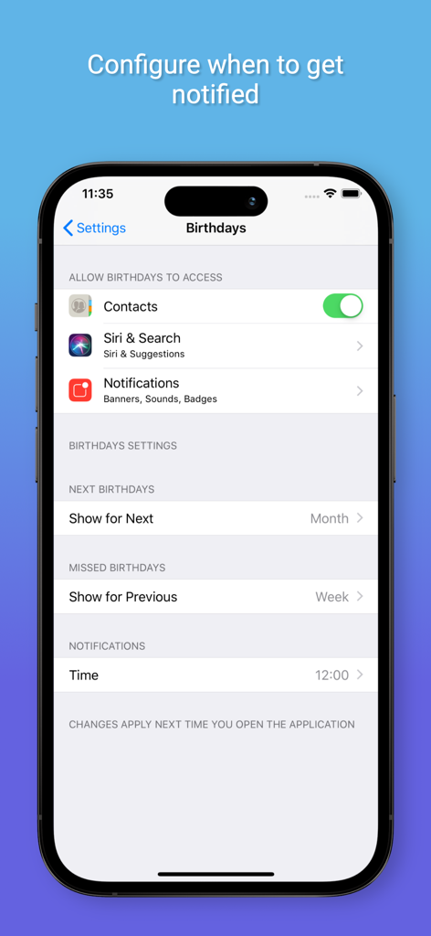 Birthday Reminders - IPhone screen showing settings for birthday notification timing and contact synchronization