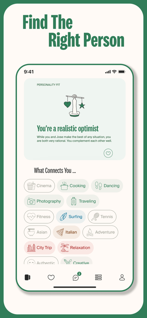 eharmony: dating & real love - Interface do aplicativo móvel eharmony mostrando interesses compartilhados e compatibilidade de personalidade