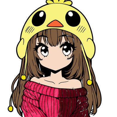 anime girl with chick shaped hat with sweater with bare shoulders with bangs covering them one eye with low tail
