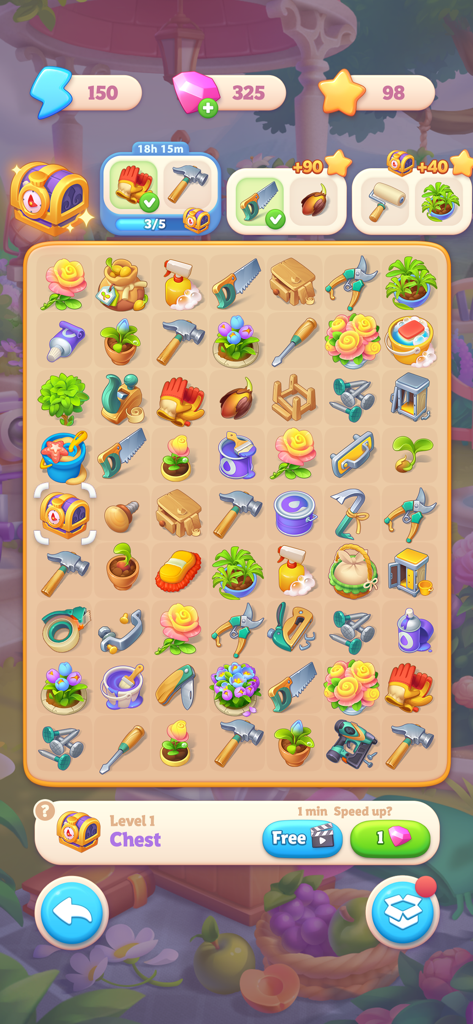 Captura de pantalla del juego de Merge Hotel Empire que muestra una cuadrícula de puzle con varias herramientas de renovación y flores para combinar