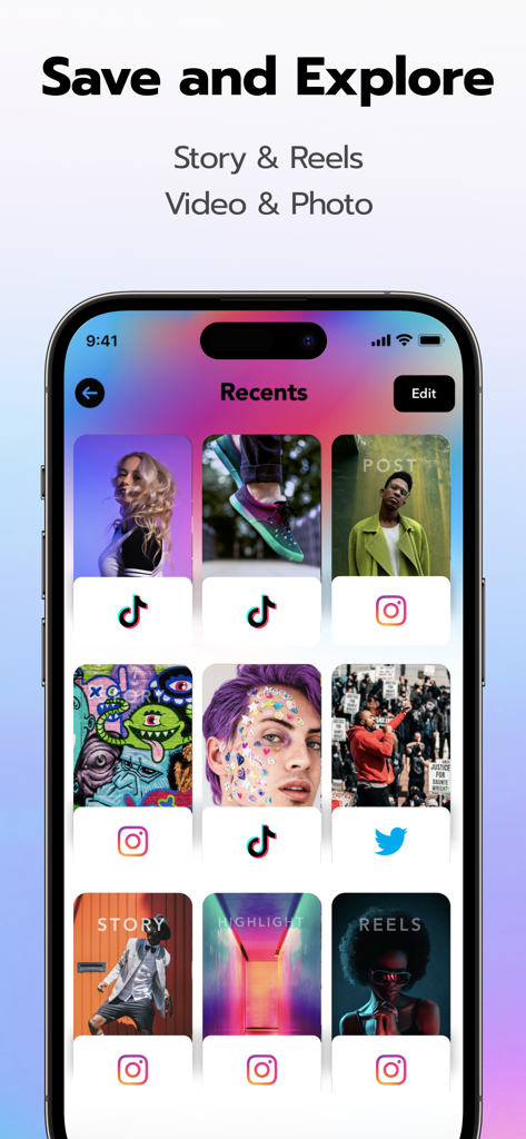 Repost AI app interface showing a grid of saved videos and photos from TikTok Instagram and Twitter