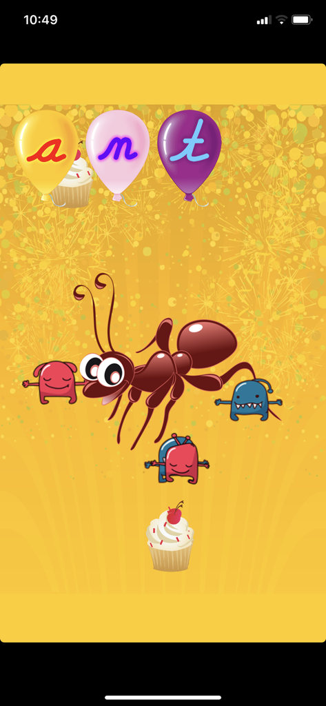 Cursive Touch and Write - A reward screen from the Cursive Touch and Write app showing the word ant spelled out in cursive on balloons with a cartoon ant character.