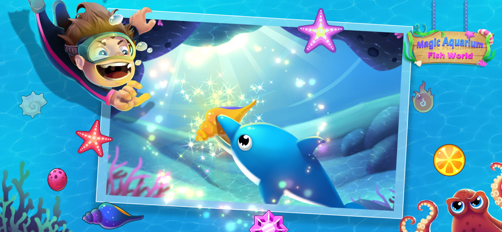 A cheerful scuba diver and a blue dolphin swimming in a colorful underwater world.