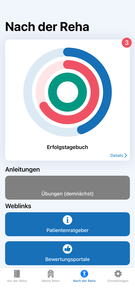 Hamm Kliniken - Interface de l'application Hamm Kliniken montrant le suivi du succès post-réadaptation et les ressources pour les patients