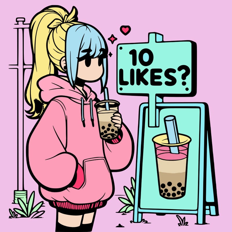 girl with oversized hoodie drinking boba and she has a high ponytail with a sign that says 10likes?