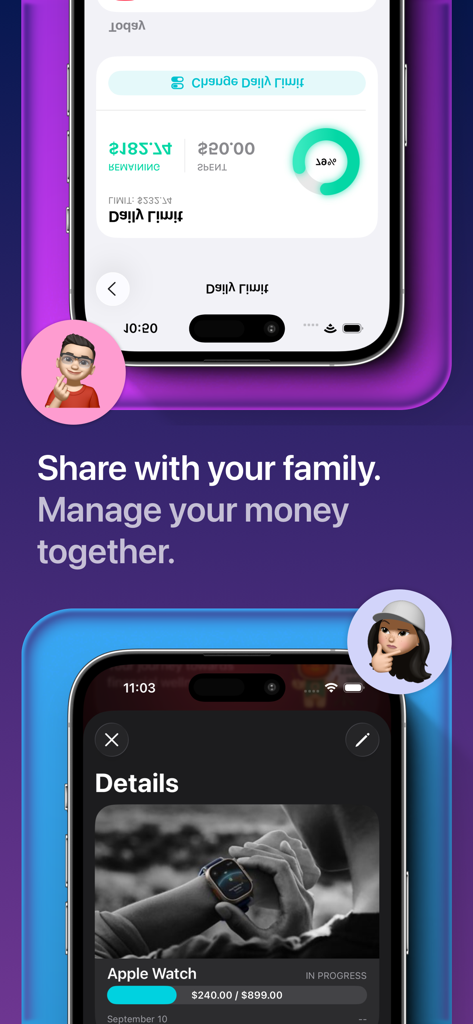 MoneyCoach app interface showing family budget synchronization and financial goal tracking for an Apple Watch