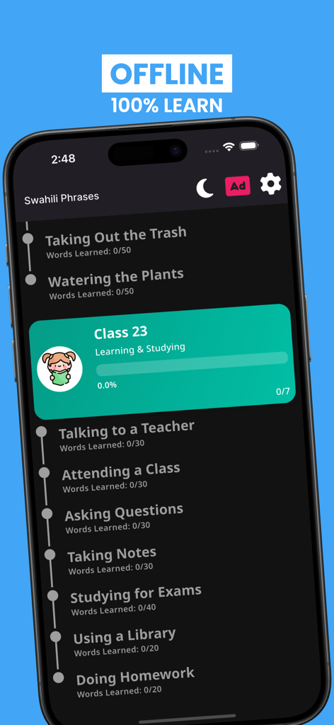 Learn Swahili Language Phrases - Interface of Swahili language learning app with lesson categories and offline mode status