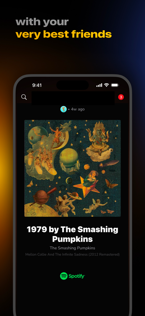 Smartphone-Bildschirm der LORE-App mit einem Musik-Update eines Freundes von Spotify mit The Smashing Pumpkins.