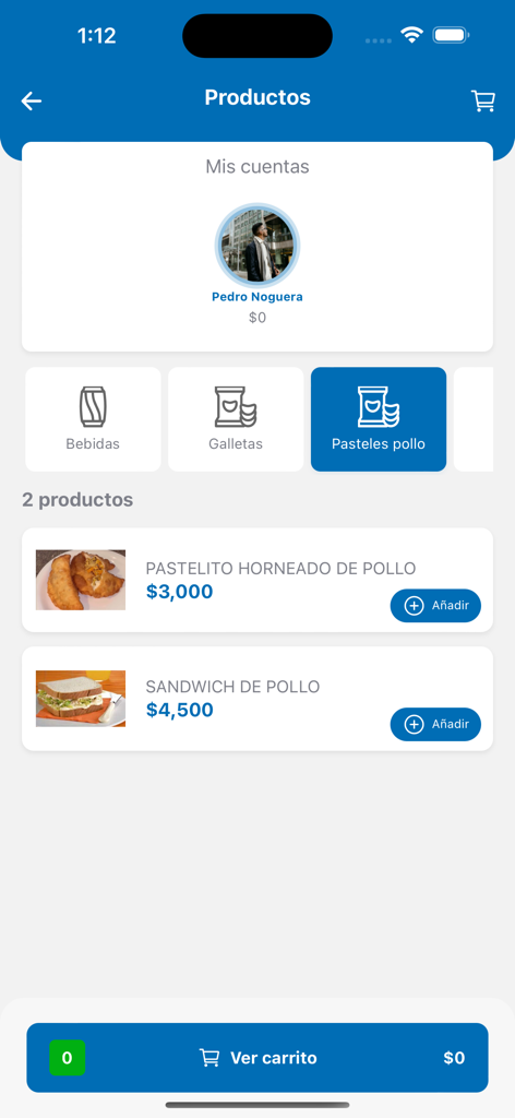 Biofood Service - Biofood Service mobile app screen showing a list of food products like chicken sandwiches and pastries available for purchase